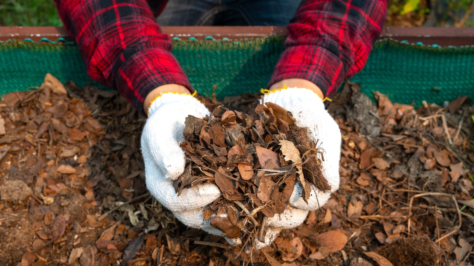 Close-up of hands wearing white gloves, grasping a pile of light brown mulch with small, uneven wood chips, surrounded by more mulch spread on the ground.